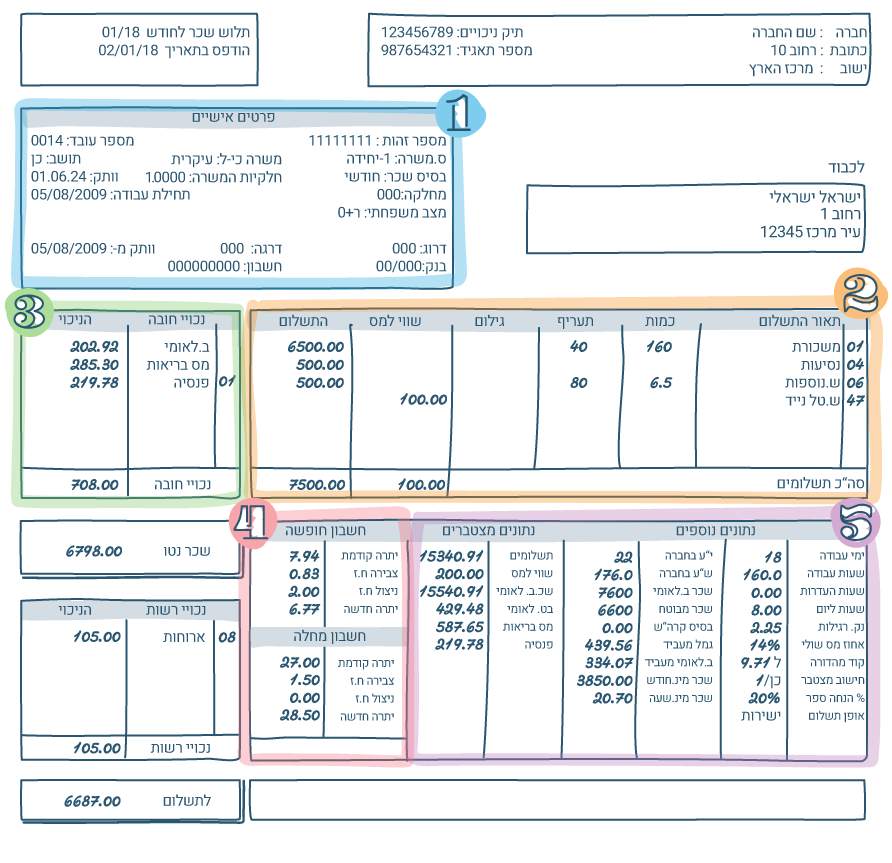 אינפוגרפיקה שמראה תלוש המשכורת ומדגישה את החלקים המרכיבים את התלוש. התלוש מחולק לכמה חלקים מרכזיים: 1. פרטים אישיים 2. תיאור התשלום 3. ניכויי חובה 4. ניצול וצבירת ימי החופשה וימי המחלה 5. נתונים נוספים